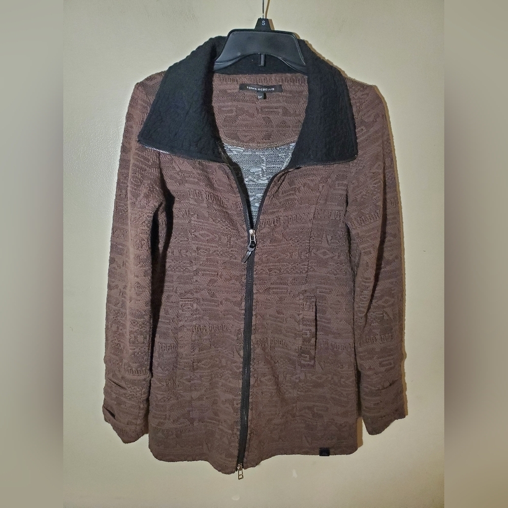 Tonia Debellis Brown Zip Up Sweater Jacket Black Collar Size S